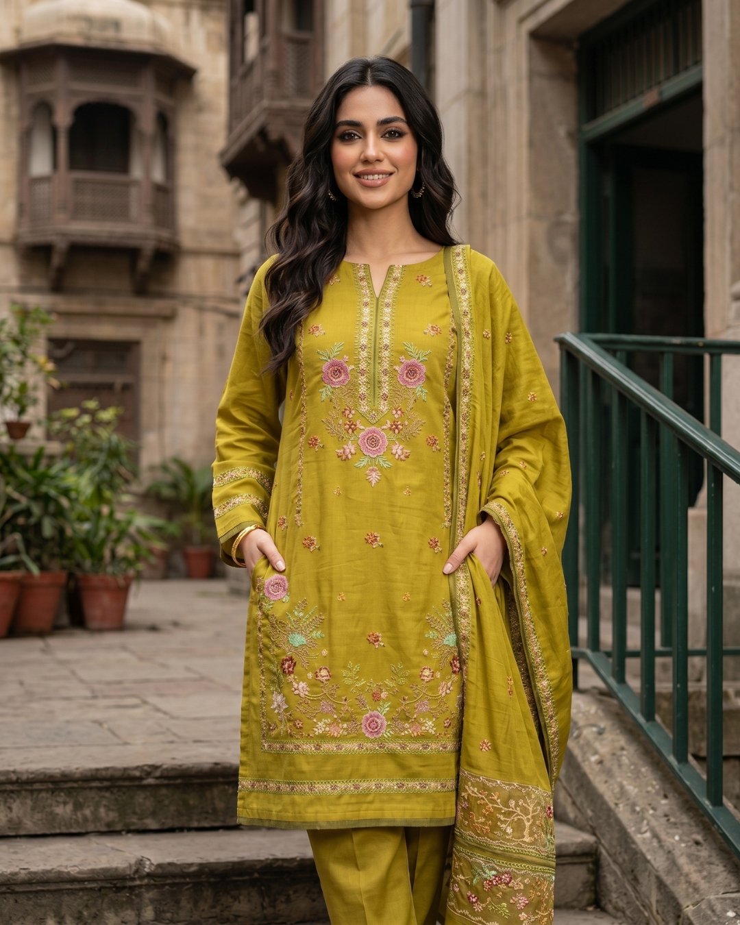 Cotton silk multi resham embroided three piece suit - Unstitched image