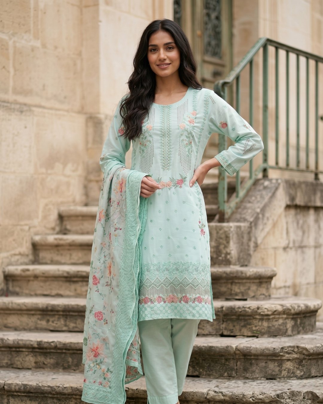 Cottom silk multi resham embroided three piece suit image 0