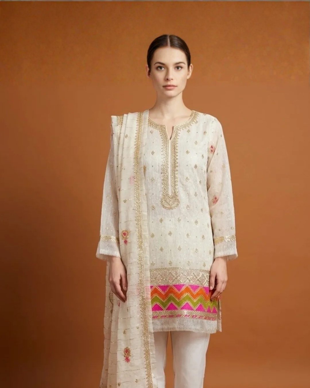 Organza zari & resham embroided three piece suit image 2