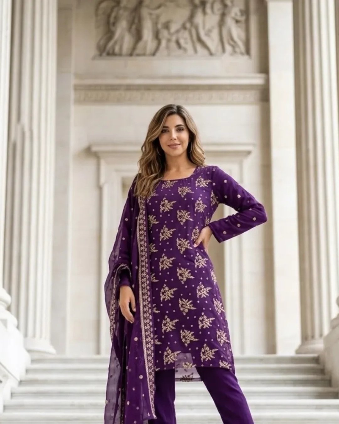 Chiffon embroided three piece suit image 1